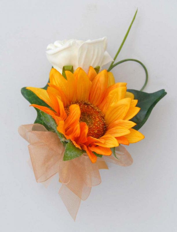 Grooms Golden Silk Sunflower & Ivory Rose Wedding Buttonhole