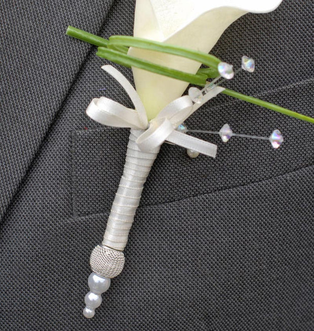 Grooms Ivory Calla Lily, Crystal & Silver Mesh Pearl Bead Wedding Buttonhole