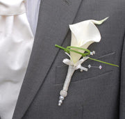 Grooms Ivory Calla Lily, Crystal & Silver Mesh Pearl Bead Wedding Buttonhole