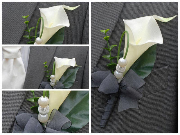 Grooms Ivory Calla Lily Wedding Buttonhole with Black Ribbon, Pearls & Mesh Beads