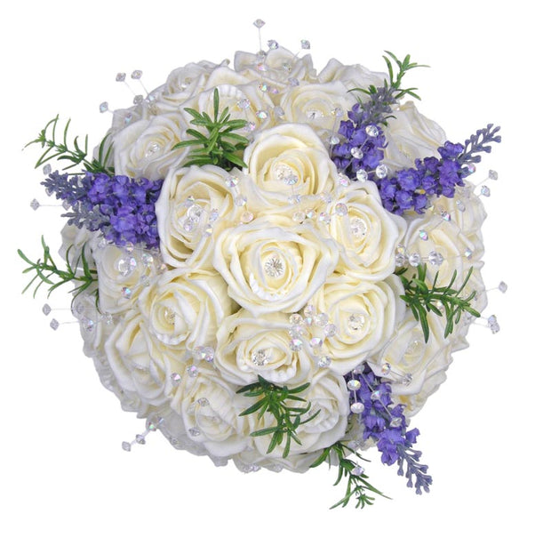 Brides Ivory Rose, Purple Silk Lavender & Crystal Wedding Bouquet