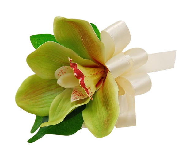 Green Cymbidium Silk Orchid Pin on Wedding Day Corsage – Sarah's
