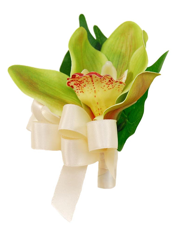 Green Cymbidium Silk Orchid Pin on Wedding Day Corsage – Sarah's