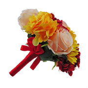 Apricot Silk Roses, Raspberry Calla Lilies, Yellow Hydrangea & Sunflower Bridal Bouquet