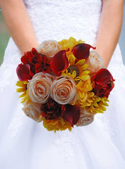 Apricot Silk Roses, Raspberry Calla Lilies, Yellow Hydrangea & Sunflower Bridal Bouquet