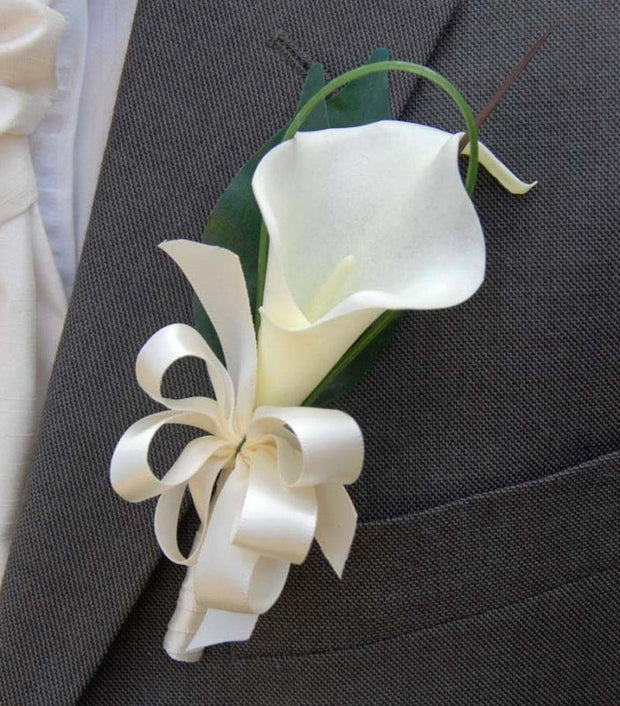 Grooms Artificial Ivory Calla Lily & Satin Ribbon Bow Buttonhole
