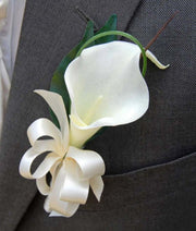 Grooms Artificial Ivory Calla Lily & Satin Ribbon Bow Buttonhole