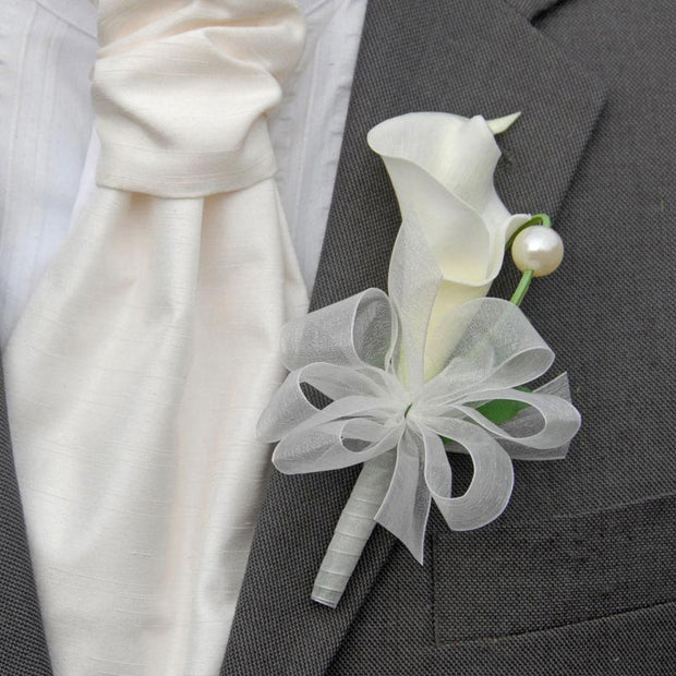 Artificial Ivory Calla Lily Grooms Buttonhole with Organza Ribbon & Pearl Ball