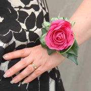 Single Cerise Pink Rose & Green Ribbon Wrist Corsage