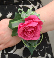 Single Cerise Pink Rose & Green Ribbon Wrist Corsage