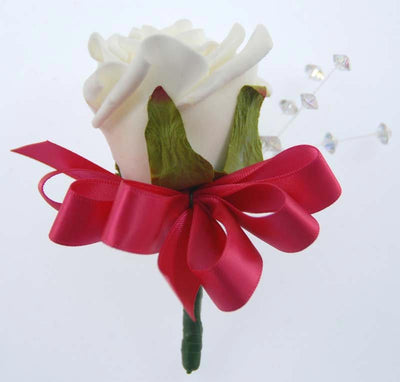 Ivory Rose, Crystal & Cerise Bow Wedding Guest Buttonhole