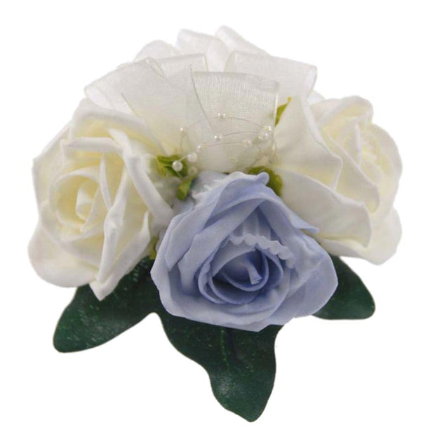 Light Blue & Ivory Rose Pearl Wedding Pin Corsage