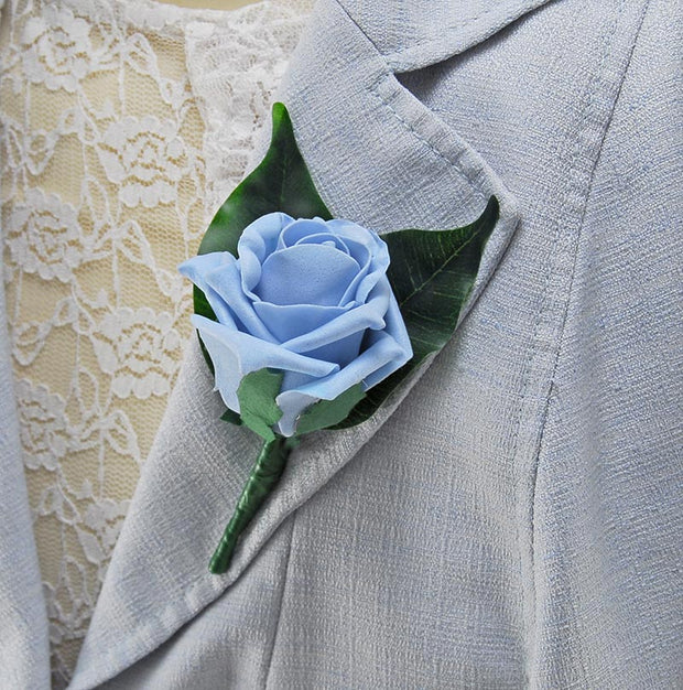 Light Blue Foam Rose & Ficus Wedding Guest Buttonhole