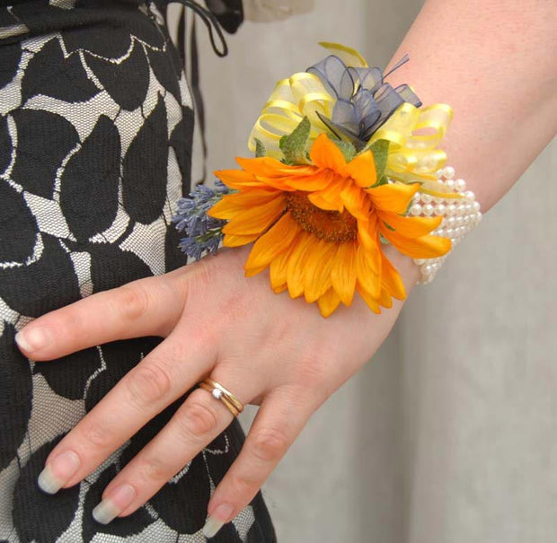 Golden Silk Sunflower & Lavender Pearl Band Wrist Corsage