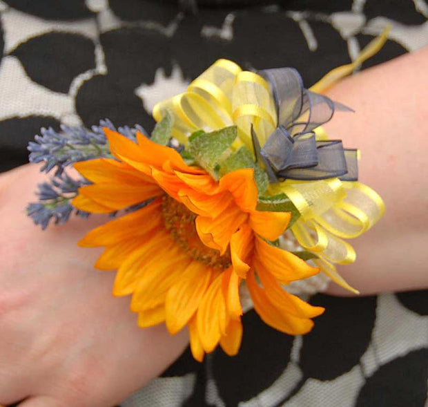 Golden Silk Sunflower & Lavender Pearl Band Wrist Corsage