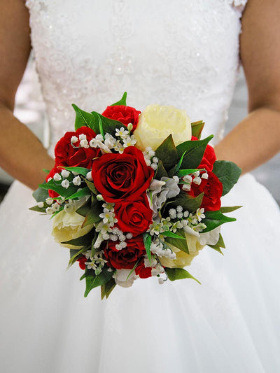 Bridal Bouquet Ivory Peony, Red Roses, Stepanotis & Lily of the Valley Wedding