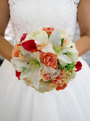 Brides Peach, Raspberry & Ivory Artificial Shower Wedding Bouquet