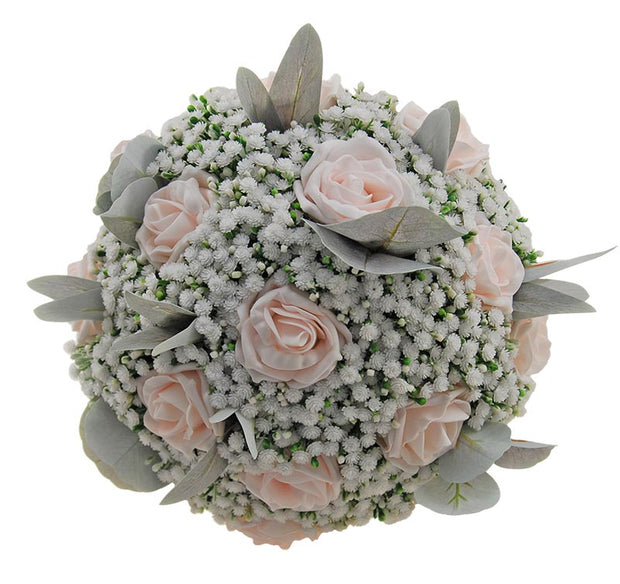 Brides Gypsophila Bouquet with Light Pink Roses & Grey Foliage