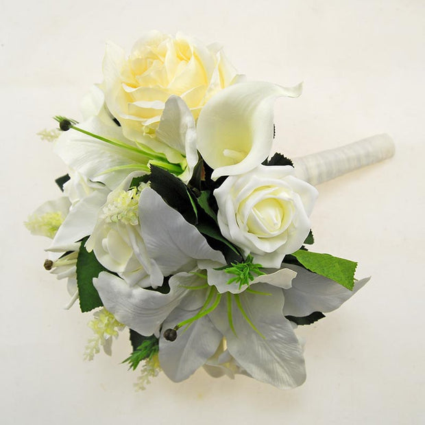 Brides Ivory Lily, Rose & Lilac Lavender Wedding Bouquet