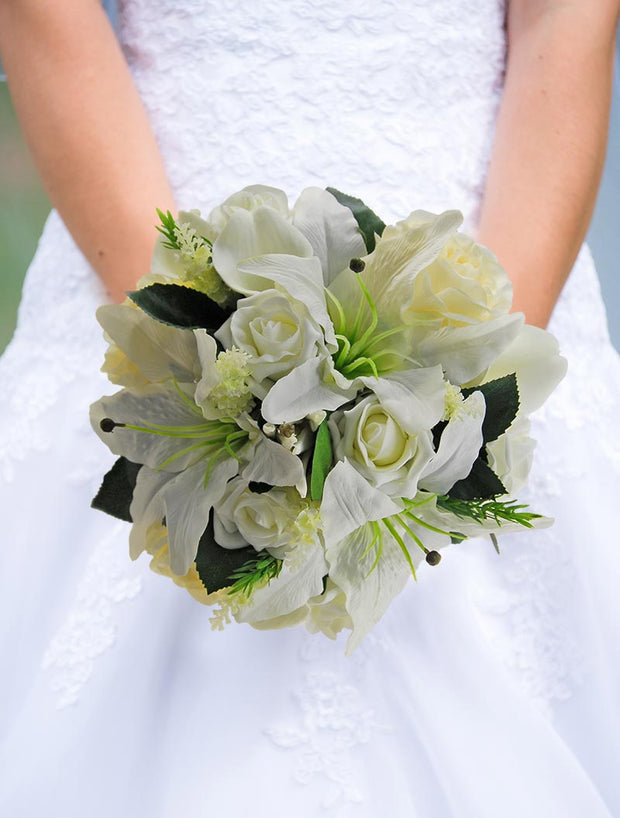 Brides Ivory Lily, Rose & Lilac Lavender Wedding Bouquet
