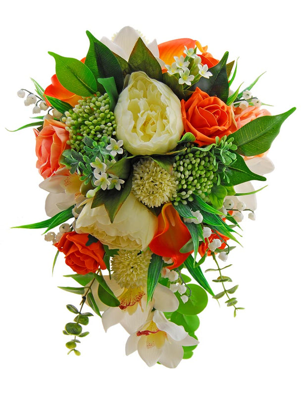 Brides Orange, Peach & Ivory Artificial Shower Wedding Bouquet