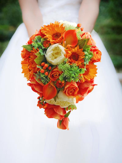 Brides Teardrop Shower Bouquet Orange & Ivory Silk Flowers