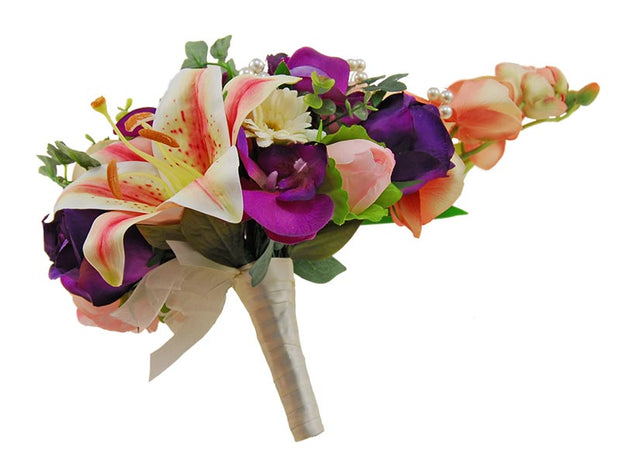 Brides Teardrop Shower Purple & Pink Silk Flower Bouquet