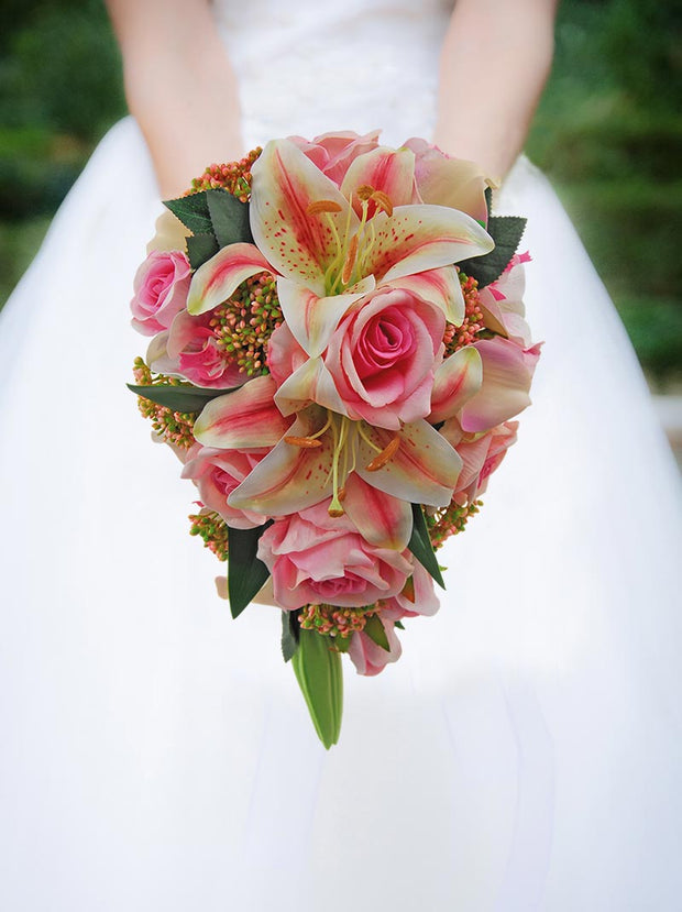 Brides Tiger Lily, Orchid, Pink Roses & Calla Lily Wedding Shower Bouquet
