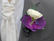 Grooms Purple Silk Orchid & Ivory Rose Black Ribbon Wedding Buttonhole