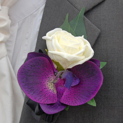 Grooms Purple Silk Orchid & Ivory Rose Black Ribbon Wedding Buttonhole