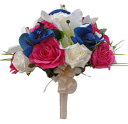Brides Blue Orchid, Ivory Lily, Cerise Pink Rose Wedding Bouquet