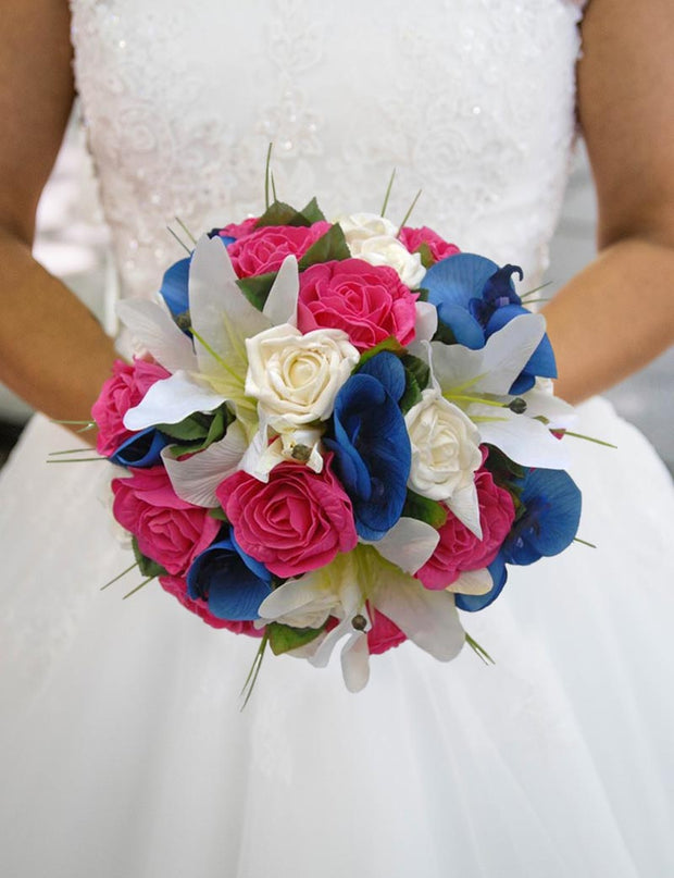 Brides Blue Orchid, Ivory Lily, Cerise Pink Rose Wedding Bouquet