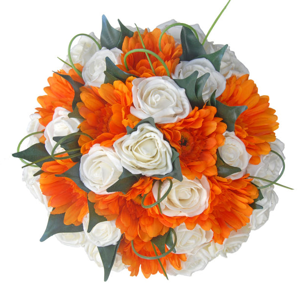 Brides Silk Orange Gerberas & Ivory Rose Wedding Bouquet