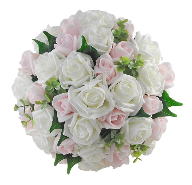 Brides Pink, Ivory Foam Rose & Eucalyptus Wedding Bouquet