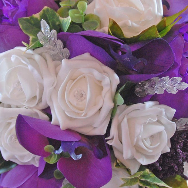 Brides Purple Peony, Orchid & Ivory Rose Crystal Wedding Bouquet