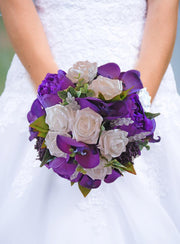 Brides Purple Peony, Orchid & Ivory Rose Crystal Wedding Bouquet