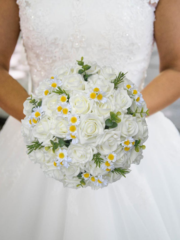 Brides Ivory Foam Rose, Daisy, Eucalyptus & Sage Wedding Bouquet