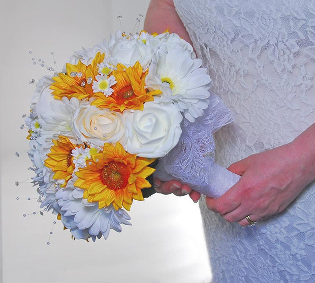 Brides Golden Silk Sunflower, Pearl, Daisy & Ivory Rose Wedding Bouquet