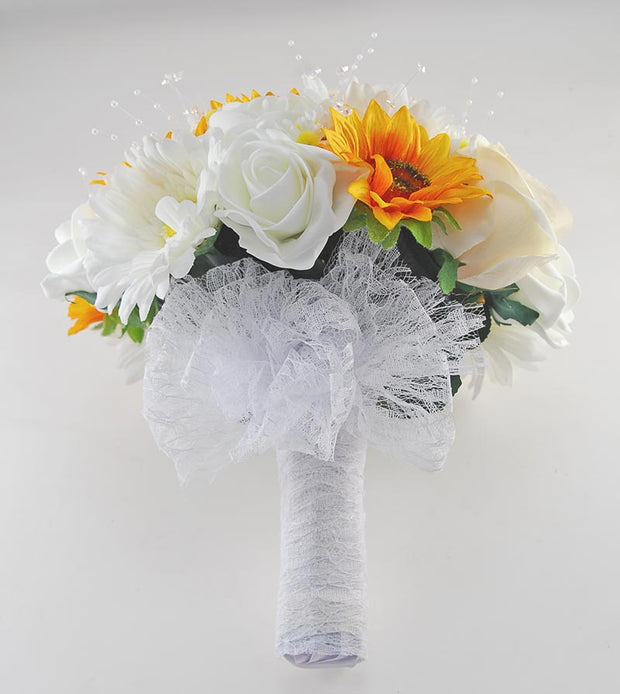 Brides Golden Silk Sunflower, Pearl, Daisy & Ivory Rose Wedding Bouquet