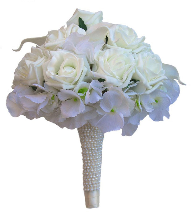 Brides Ivory Calla Lily, Rose & Silk Hydrangea Wedding Bouquet