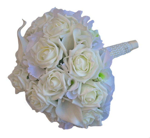 Brides Ivory Calla Lily, Rose & Silk Hydrangea Wedding Bouquet