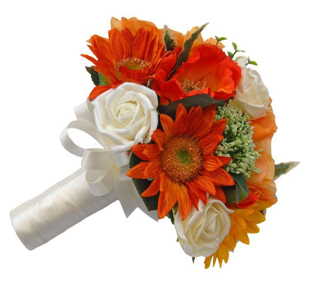 Bridesmaids Orange Silk Rose, Sunflower & Poppy Wedding Bouquet