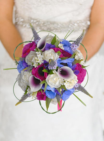 Brides Cerise, Blue Silk Anemones, Calla Lily & Veronica Wedding Bouquet