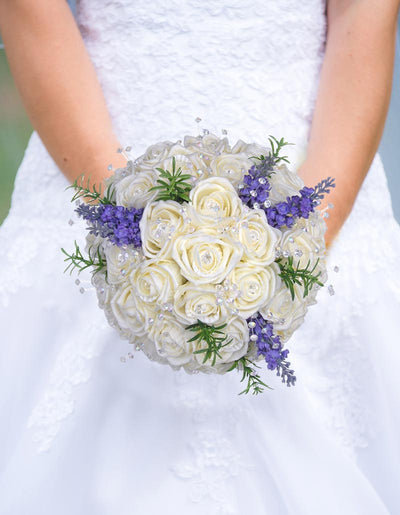 Brides Ivory Rose, Purple Silk Lavender & Crystal Wedding Bouquet