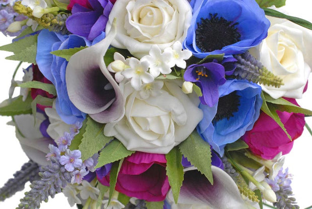 Brides Cerise, Blue Silk Anemones, Calla Lily & Veronica Wedding Bouquet