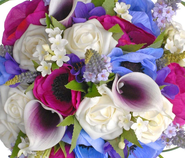 Brides Cerise, Blue Silk Anemones, Calla Lily & Veronica Wedding Bouquet