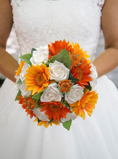 Brides Golden Orange Silk Sunflower & White Rose Wedding Bouquet