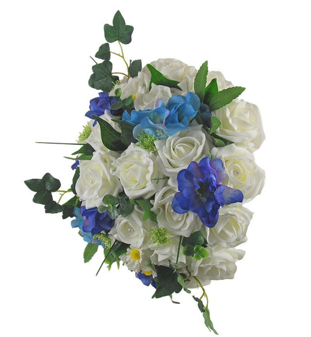 Brides Ivory Pearl Rose & Blue Silk Hydrangea Wedding Bouquet