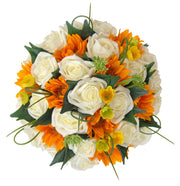 Brides Golden Sunflowers, Buttercups & Ivory Rose Wedding Bouquet