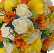 Yellow Calla Lily, Golden Sunflower, Buttercup & Rose Bridal Bouquet